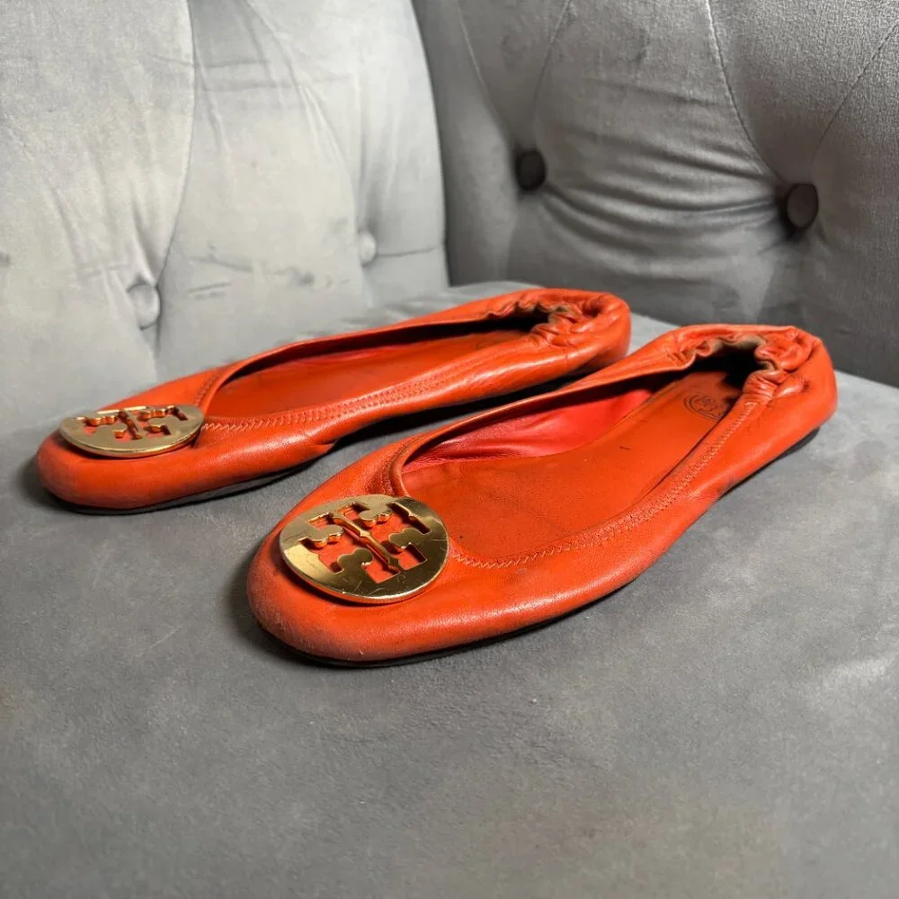 Tory Burch Minnie Travel‎ Ballet Flats Orange Leather Gold Logo – Women’s Size